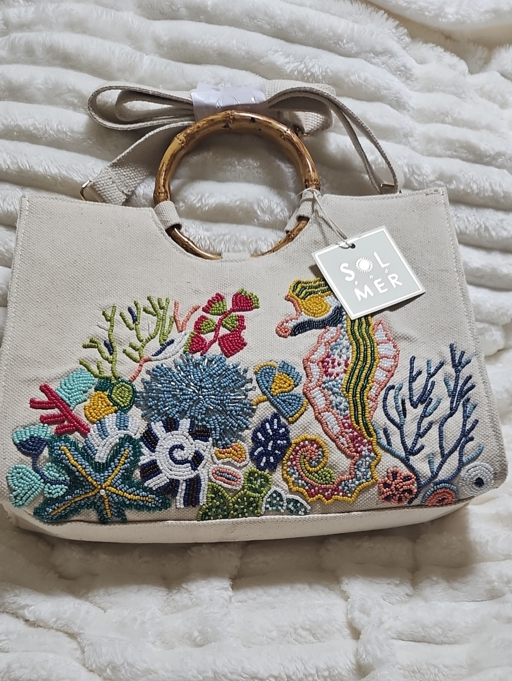 Under The Sea Embroidered Beige Canvas Tote with Bamboo Handles